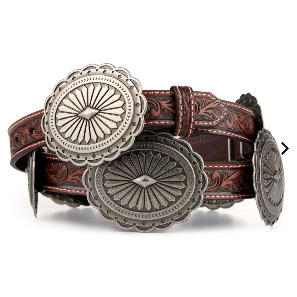 Ariat Women's Brown Tooled Leather With Silver Oval Floral Conchos Belt